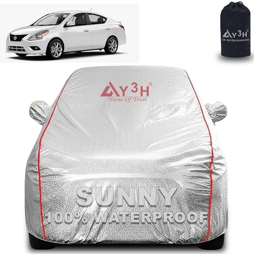 Image of 100% Waterproof Car Cover Compatible with Nissan Sunny | All Weather, Dust Proof, UV Protective with Mirror Pocket (Silver Magic)