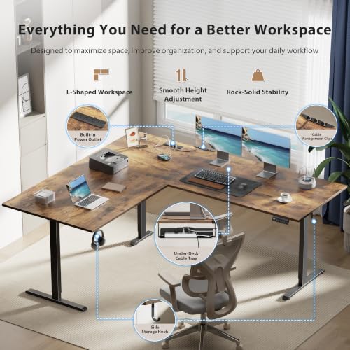Image of Agilestic 75x61 Inch L Shaped Electric Standing Desk, Corner Workstation, Rustic Brown