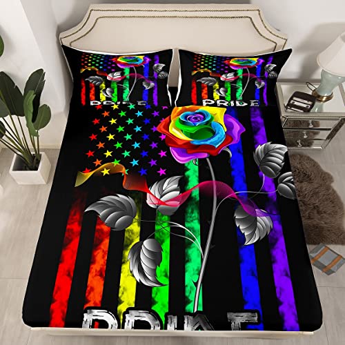 Gay Pride Sheet Set Queen,Lgbt Pride Accessories,Rainbow Flags Bed Sheets For Women Men,Glowing Watercolor Rose Bedding Set Lgbt Bedroom Decor,American Flag Fitted Sheet + Top Sheet + 2 Pillowcases #TOP1