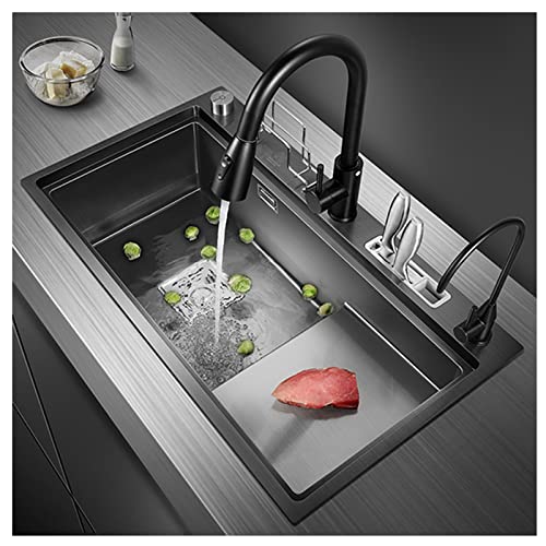 Fregadero de cocina de acero inoxidable 304 blanco, fregadero de cascada nano, con grifo extraíble Flying Rain, lavavasos presurizado, instalación empotrada o bajo encimera (color: D, tamaño: 68