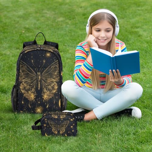 Backpack Butterfly Moon Star Gold for School Boys Girls and Teens, Backpack for Men and Women, Lightweight Bookbag with Lunch Box Travel Laptop Daypack 18.5 x 11.8 In2