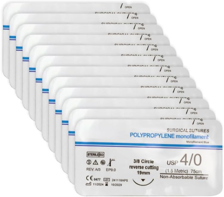 B-Arm Sterile Polypropylene Suture Thread (Pack of 12) With Needle - Non-absorbable USP 4-0/1.5 Metric | 19mm Reverse Cutting Needle | Suturing Thread | Suture thread for surgery