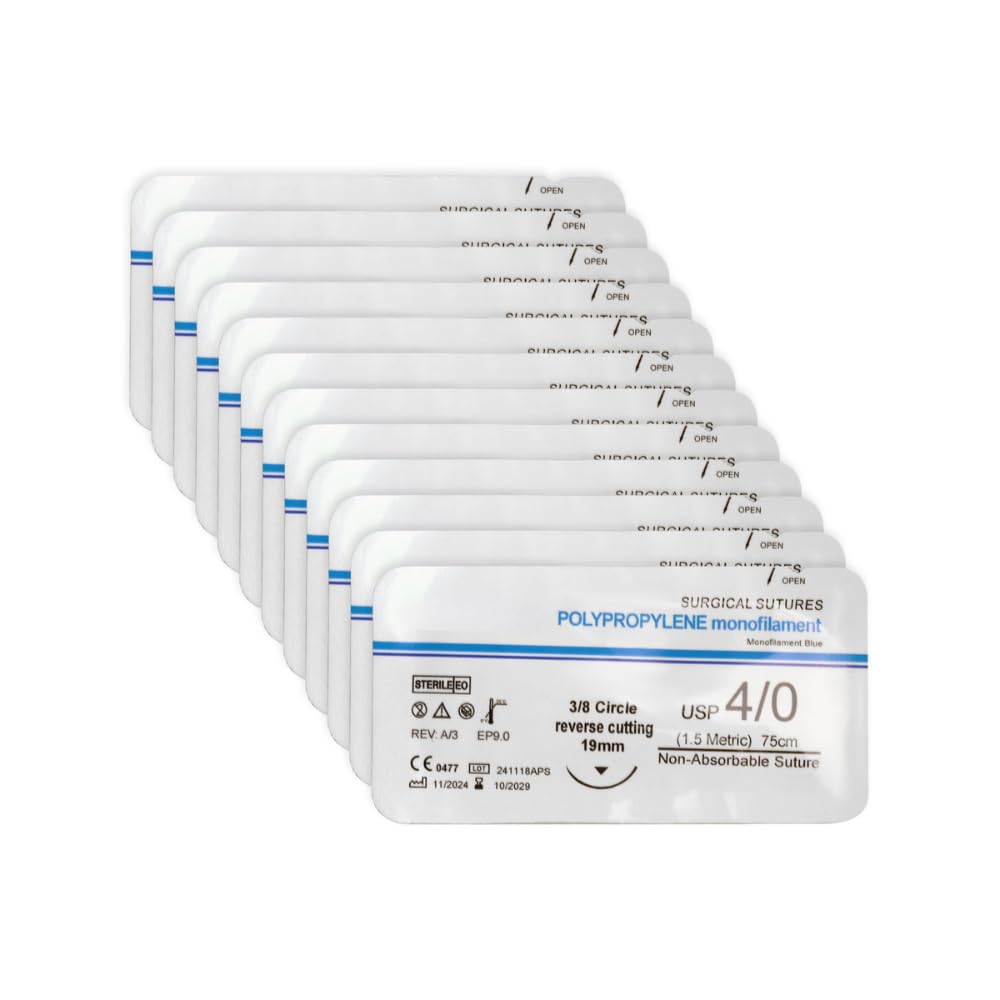 B-Arm Sterile Polypropylene Suture Thread (Pack of 12) With Needle - Non-absorbable USP 4-0/1.5 Metric | 19mm Reverse Cutting Needle | Suturing Thread | Suture thread for surgery