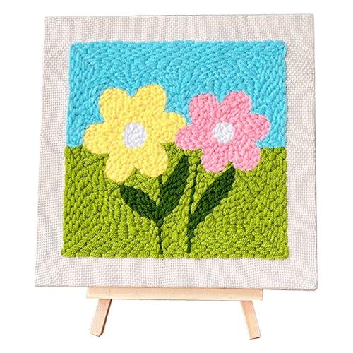 Allazone Punch Needle Starter Kit, Embroidery Frame With Square Fabric, Flower Pattern, Hoop, Yarns (Yellow and Pink Flowers)