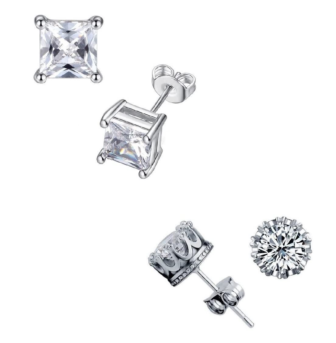fabula Jewellery Combo of 2 Pairs of Square & Round Silver Tone Cubic Zirconia Small Ear Stud Earrings For Men & Boys (EOIS12ESN32_AMR11)-picture-24