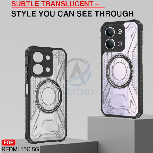 Image of AESTMO Hybrid Shockproof Back Cover Case for Redmi 15C 5G Compatible with MagSafe | Hard Back Case Cover for Redmi 15C 5G (PC & TPU, Translucent Back, Black Sides)