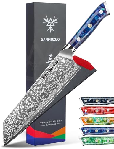 SANMUZUO Couteau Kiritsuke de 22cm - Couteau de Chef en Damas - Japonais en Acier de Damas 67 Couches Couteau de Cuisine - Manche en Résine (Bleu Saphir) -...