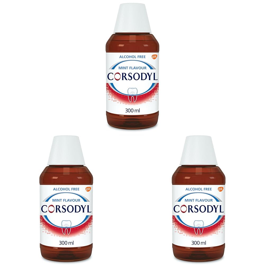 Corsodyl Gum Disease & Bleeding Gum Treatment, Antibacterial Mouthwash, Alcohol Free, Mint Flavour, 300 ml (Pack of 3)