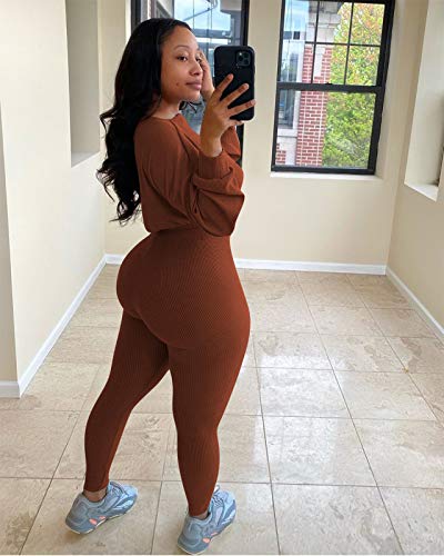 Womens 2 Piece Outfit Ribbed Long Sleeve Pullover Crop Tops Bodycon Long Pants Set Fall Sweatsuits Tracksuit Loungewear Sets Coffee