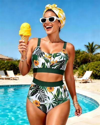 Image of Womens High Waisted Bikini Sets Sporty Crop Top Color Block Swimwear Bandeau Scoop Neck Vintage Two Piece Bathing Suits