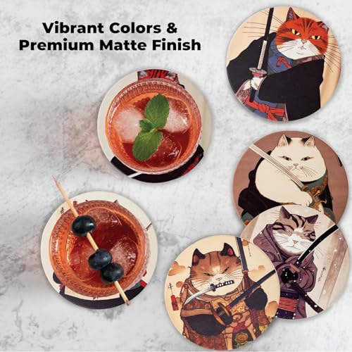 Image of Cat Tea Coasters Ninja Edition - Anime Cat Decor - Set of 6 Drink Wood Coasters with Holder Black