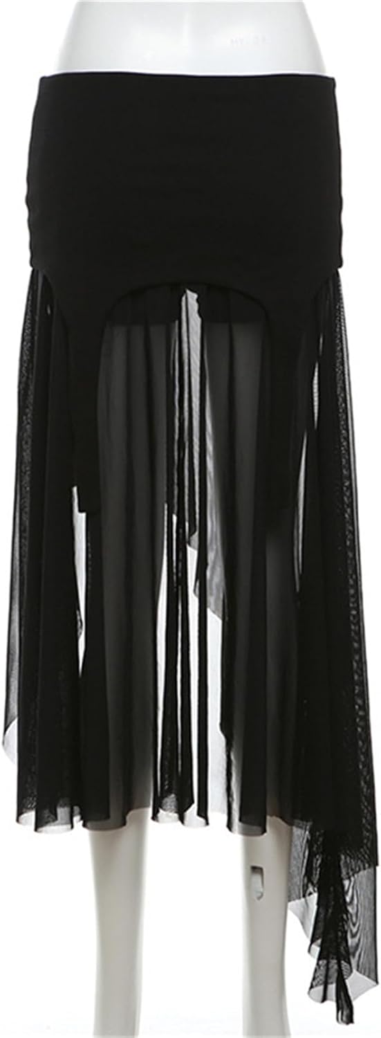 win2win Punk Sheer Mesh Skirt for Women - High Low Low Rise Gothic Hippie Witch, Ballroom, Cheer