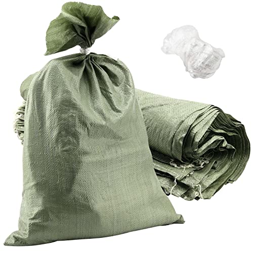 SEUNMUK 60 Pack 20 x 30 Inch Gray Woven Sand Bags, Empty Woven Plastic Sand Bags, Heavy Duty Flood Protection Sand Bags with 20 M Ties for Flood Control, Storage