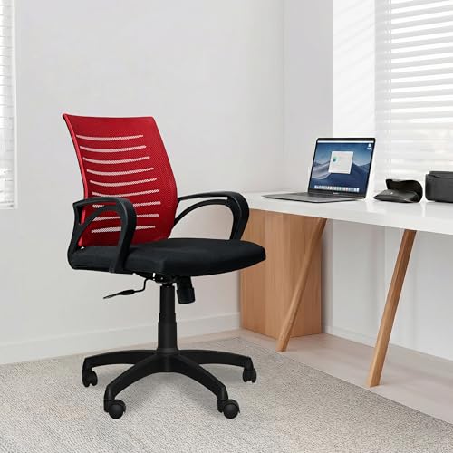 Image of Amazon Brand - Solimo Sitly Mid Back Revolving Office Chair for Work from Home, Study, and Computer Use | Heavy Duty Base | Ergonomic Mesh Design | Durable & Comfortable Seating (Red Mesh)