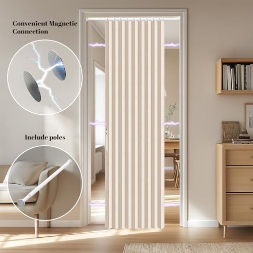 Image of AJAZZ Blackout Accordion Door with Curtain Rods Adjustable 28-39 inch Long Invisible Sliding Glass Door Curtain for Bedroom Living Room Doorway Curtain Sets (1 Pack, 44 W x 78 L, Cream Yellow)