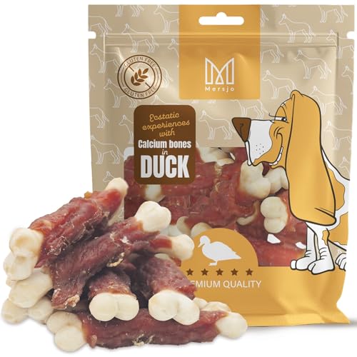 MERSJO Snack per Cani Premium Petto d'Anatra Avvolti in Ossicini di Calcio, Snack per Cani Senza Cereali, Essiccati all'Aria, 500g