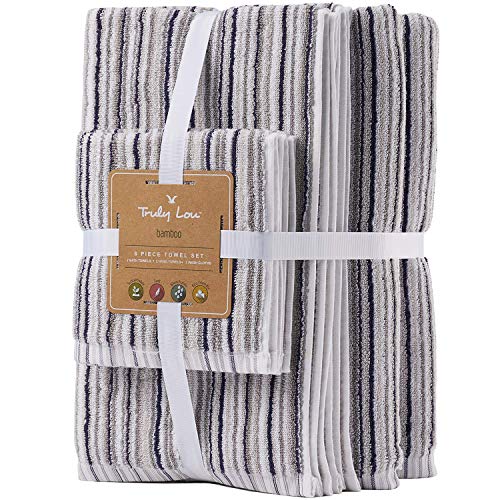 Truly Lou Bamboo and Cotton 6 Piece Striped Bath Towel Set | Soft, Absorbent and Eco-Friendly | Decorative Multi Color Stripes | 2 Bath Towels, 2 Hand Towels, and 2 Washcloths (Blue/Grey)