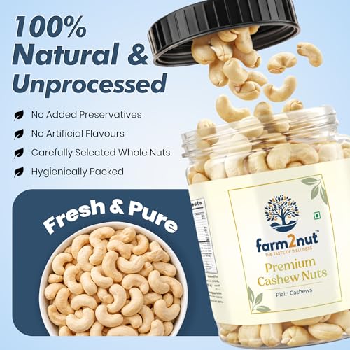 Image of farm2nut W180 Extra large Size Cashew Nuts (250g) | 100% Natural Whole Kaju | Airtight Jar | Fresh & Crunchy nuts