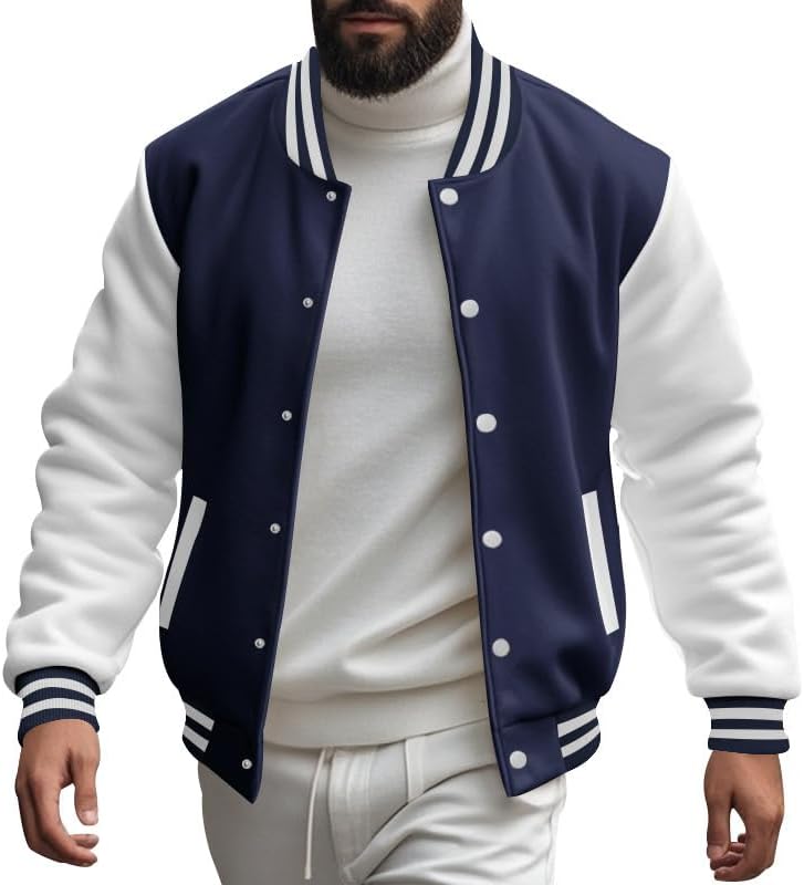Men's Varsity Baseball Jacket Classic College Style Bomber Coat with Striped Ribbed Collar Casual Outerwear - Image 2