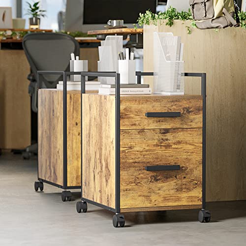 Image of FEZIBO 2-Drawer Mobile File Cabinet, Wood Rolling Filing Cabinet for A4 /Letter Size, Printer Stand, Storage Cabinet for Home Office, Rustic Brown