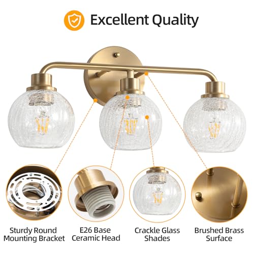 Image of Bathroom Light Fixtures Gold Vanity Light 3 Light Brushed Brass | Wall Sconces Lighting with Crackle Globe Glass Shades Bath Wall Lamp for Mirror Kitchen Living Room Bedroom Hallway