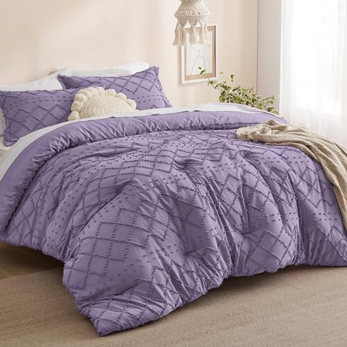 Image of Bedsure Full Comforter Set - Grayish Purple Comforter, Boho Tufted Distressed Vintage Bedding for Kids, 3 Pieces Farmhouse-Style Bed Set for All Seasons, Fluffy Soft Bedding with 2 Pillow Shams