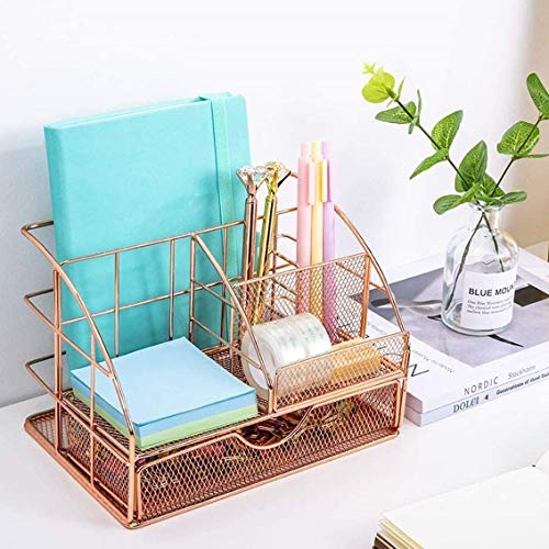 Image of Desk Organizer with Drawer | Metal Mesh Multipurpose 6 Compartment Storage Holder | Stationery, Makeup, Office Supplies Organizer (Rose Gold) (22.3X15X14.9 CM)