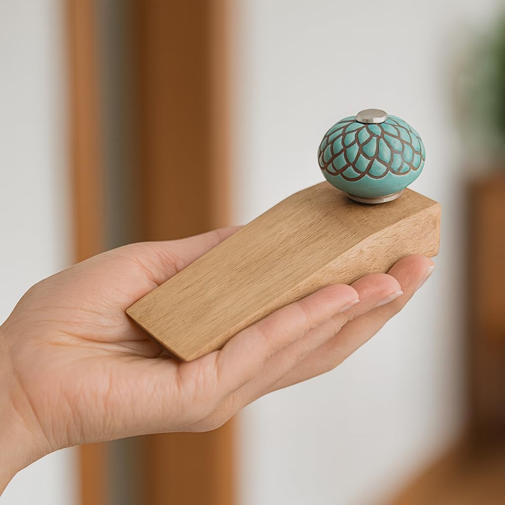 IndianShelf 1 Piece Wood Decorative Door Stoppers for Bottom of Door- Green Heavy Duty Non Slip Rubber Base Door Wedges- Sturdy Floor Door Stop for Inside and Outside