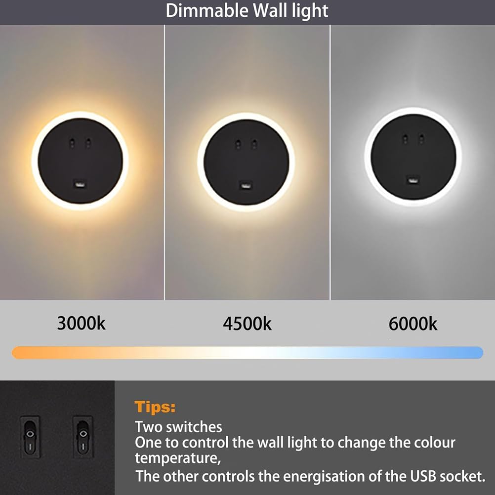 AoLa 12W Okrągła lampa ścienna LED z przełącznikiem i portem USB do ładowania Lampa ścienna do wnętrz 3 kolory 3000K/4000K/6000K Nowoczesna lampka nocna z akrylowym kloszem do sypialni salonu,Black