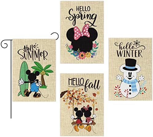 D1resion 4Pcs Seasonal Garden Flag Set Hello Spring Summer Fall Winter Cartoon Mouse Burlap Yard Flags Double Sided Print Vertical House Flag Autumn Decorations for Home Outdoor Lawn 12.4 X 18.1 In
