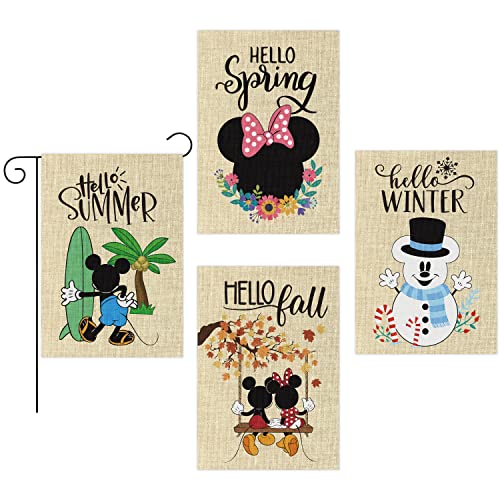 D1Resion 4Pcs Seasonal Garden Flag Set Hello Spring Summer Fall Winter Cartoon Mouse Burlap Yard Flags Double Sided Print Vertical House Flag Autumn Decorations For Home Outdoor Lawn 12.4 X 18.1 In #TOP5
