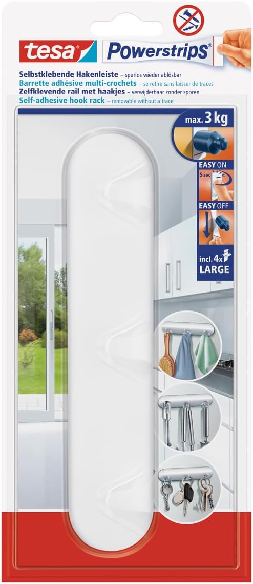 Powerstrip Hook Rack - White, Self Adhesive Wall Hook for Tiles, Glass, Wood, Plastic and Flat Surfaces - Easily Removable - Powerstrips Technology - Large