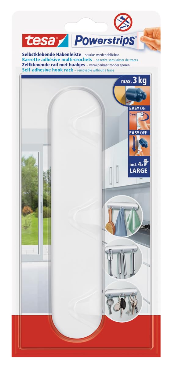 Powerstrip Hook Rack - White, Self Adhesive Wall Hook for Tiles, Glass, Wood, Plastic and Flat Surfaces - Easily Removable - Powerstrips Technology - Large