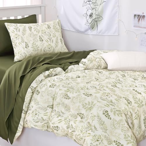 Image of Wake In Cloud - Floral Comforter Set, Botanical Vintage Flower Coquette Cottagecore Aesthetic for Women Teen Girls, Soft Lightweight Dorm Bedding, 3 Pieces, Olive Green, Twin /Twin XL Size