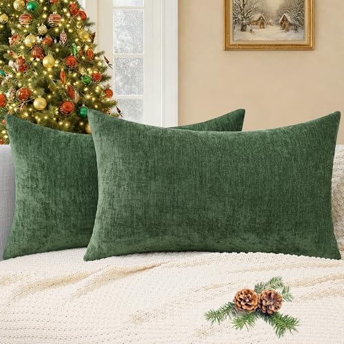 decorUhome Chenille Moss Green Christmas Throw Pillow Covers 12x20 Inch Set of 2, Decorative Soft Couch Pillow Covers Solid Dyed Accent Farmhouse Neutral Rectangle Pillow Cases for Sofa