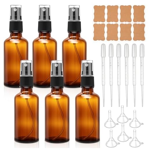 50ml Sprühflasche Braun Glas 6er Set Nachfüllbar mit Pipetten Trichter Etiketten Feinsprühflasche für ätherisches Öl Parfüm Kosmetik Aromatherapie Reise