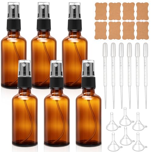 Elalove 6 botellas pulverizadoras de vidrio ámbar 50ml con embudos cuentagotas y etiquetas reutilizables para aceites esenciales agua perfume spray