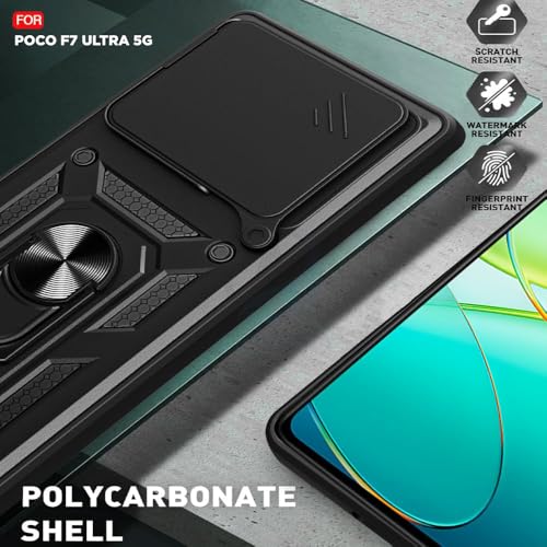 Image of Luxe Back Cover for Poco F7 Ultra 5G | D10 Tough Armor | Sliding Camera Shield | 360 Protection | Kickstand Ring Holder | Military-Grade Shockproof Bumper