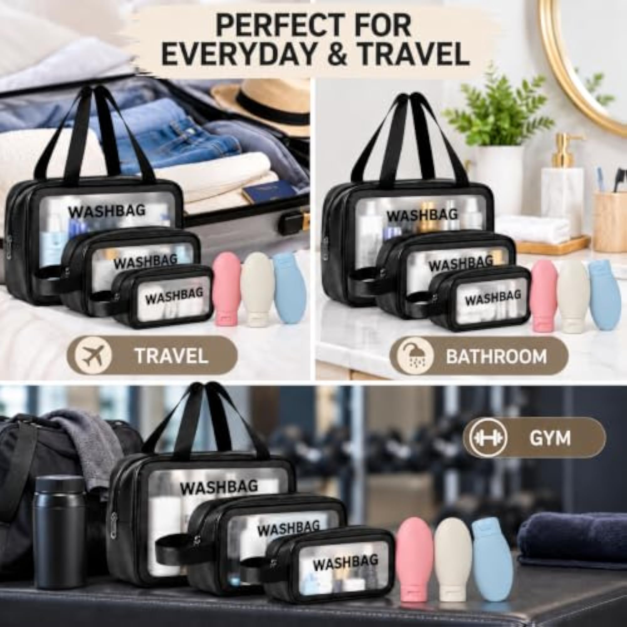 Wash Bag Set for Women & Men with Silicone Bottles
