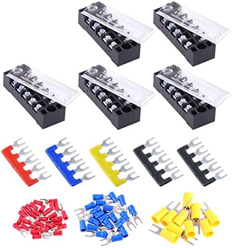 Glarks 70Pcs(5Sets) Terminal Block Set, 5Pcs 5 Positions 600V 15A Dual Row Screw Terminals Strip + 5Pcs Pre-Insulated Barrier Strips + 60Pcs Insulated Fork Wire Connector (5P+Fork Connector)