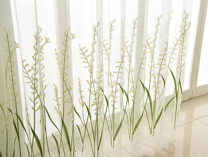 Miniatura 4 de Cortinas traslúcidas blancas con diseño de flores de arroz y hojas verdes, cortinas de tul para dormitorio, sala de estar, bolsillo para barra
