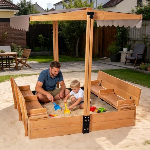 Gutinneen 47″ Wooden Sandbox for Kids, Outdoor Sandbox with Adjustable Canopy & Retractable Cover, 2 Foldable Bench Seats with Backrest, UV-Resistant, Solid Wood with Sand Liner for Backyard