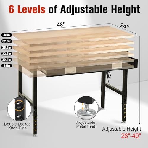 Image of 48 inch Workbench with Drawers, Work Benches for Garage with Strip Light, Adjustable Work Table with Large Pegboard, 2000 LBS Heavy Duty Table with Power Outlet Rubber Wood for Garage