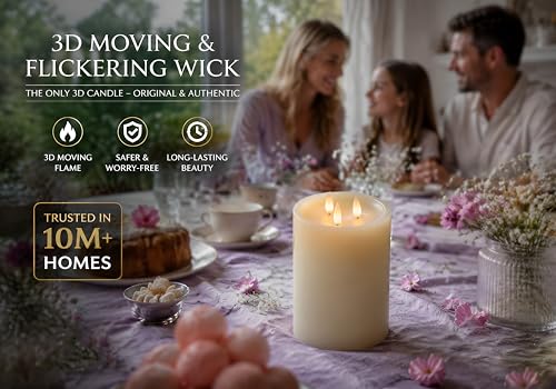 Image of 3-Wick Flameless Pillar Candle with Remote Timer, 3D Moving Flame Real Wax Led Candles (Ivory with 3 Wick, 6.5in)