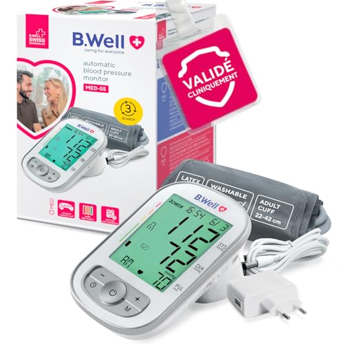 B.Well Swiss -Tensiomètre automatique bras MED-55, détection arythmie, moyenne de 3 mesures, indicateur tension artérielle, brassard 22–42 cm lavable, mémoire 2 utilisateurs