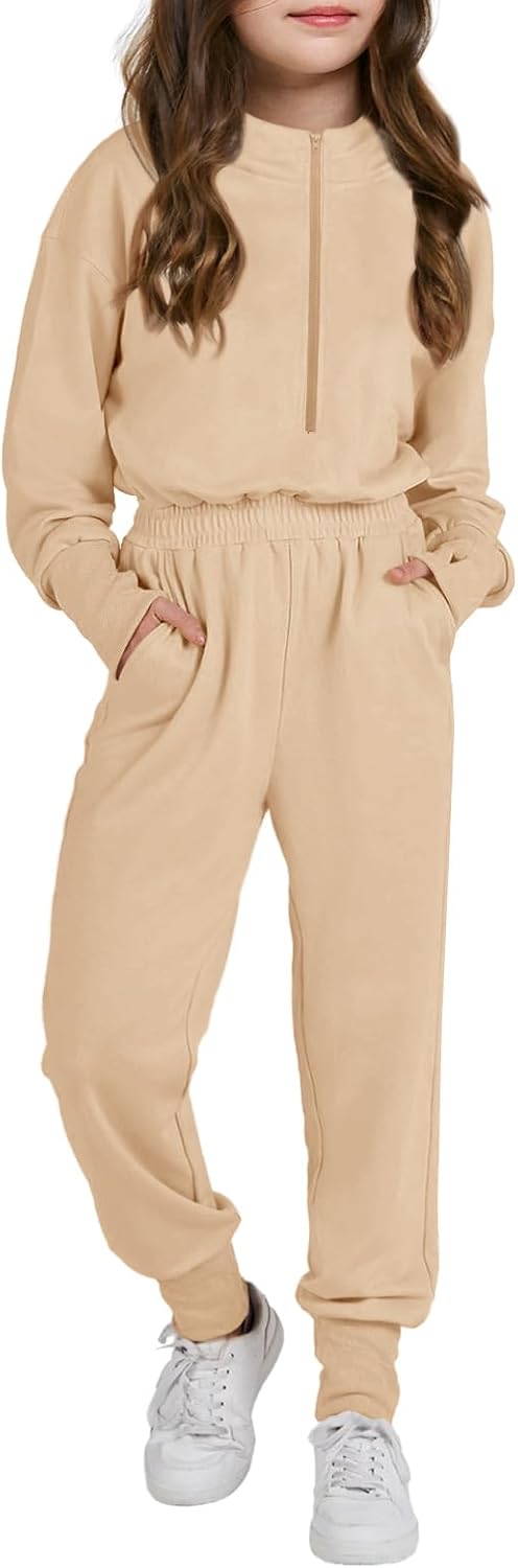 Haloumoning Girls Casual Jumpsuits Long Sleeve Hoodie Rompers Long Onesie with Pockets 4-14 T