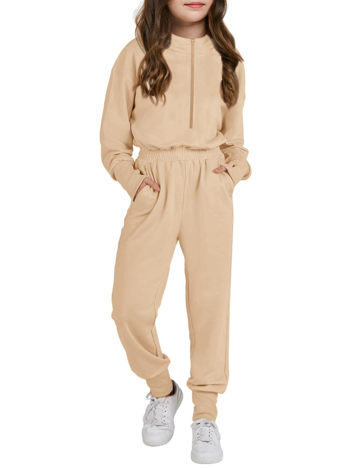 Haloumoning Lässiger Jumpsuit für Mädchen, langärmelig, mit Kapuze, Strampler, langer Einteiler mit Taschen, Größe 4–14