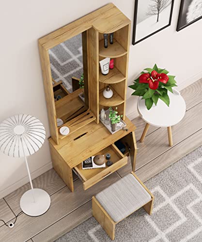 Image of Bniture Wooden Dressing Table For Bedroom With 1 Drawer, Mirror And Huge Storage Space With Stool | Long Dresser Vanity Table With Mirror(40D X 68W X 175H Cm) (Giant Wood), White