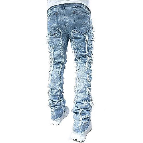 XBTCLXEBCO Mens Ripped Stacked Jeans Distressed Destroyed Straight Jeans Skinny Patchwork Denim Pants Street Hip Hop Trousers4