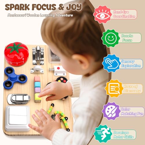 Image of Fidget Spinner Pad Busy Board Toys Robot Fidget Spinner Music Box Switch Latches Keyboard Sensory 11 in 1 Wooden Montessori Travel Activity Board Focus Toy Motor Skills Gift for Girls Boys